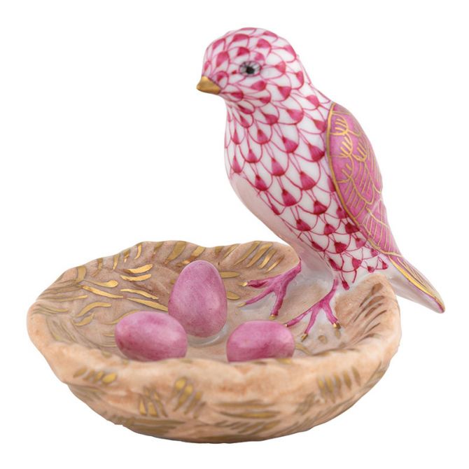 Herend Bird with Nest Figurine, Raspberry