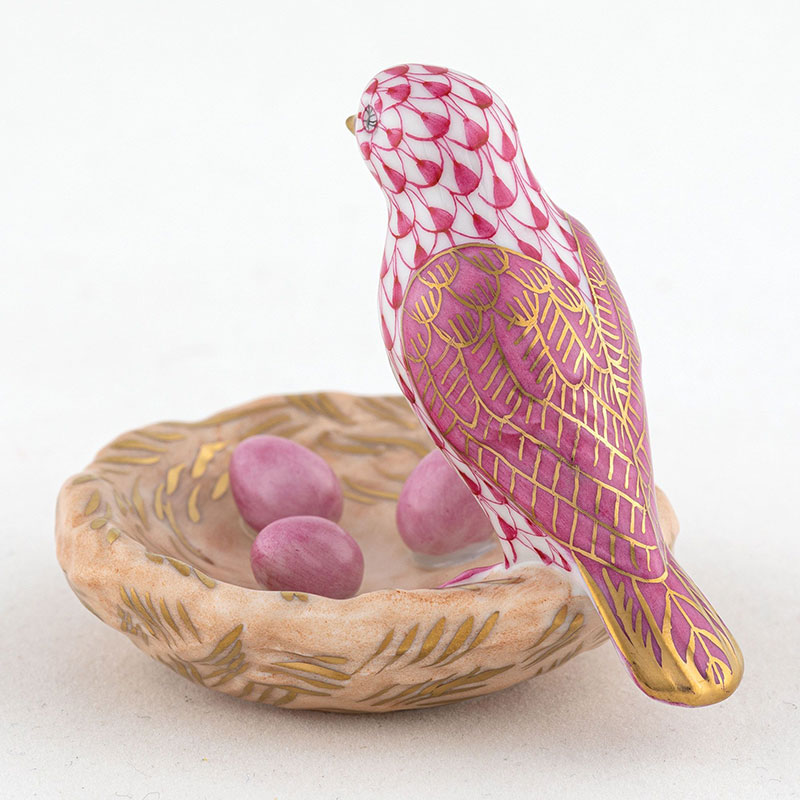 Herend Bird with Nest Figurine, Raspberry