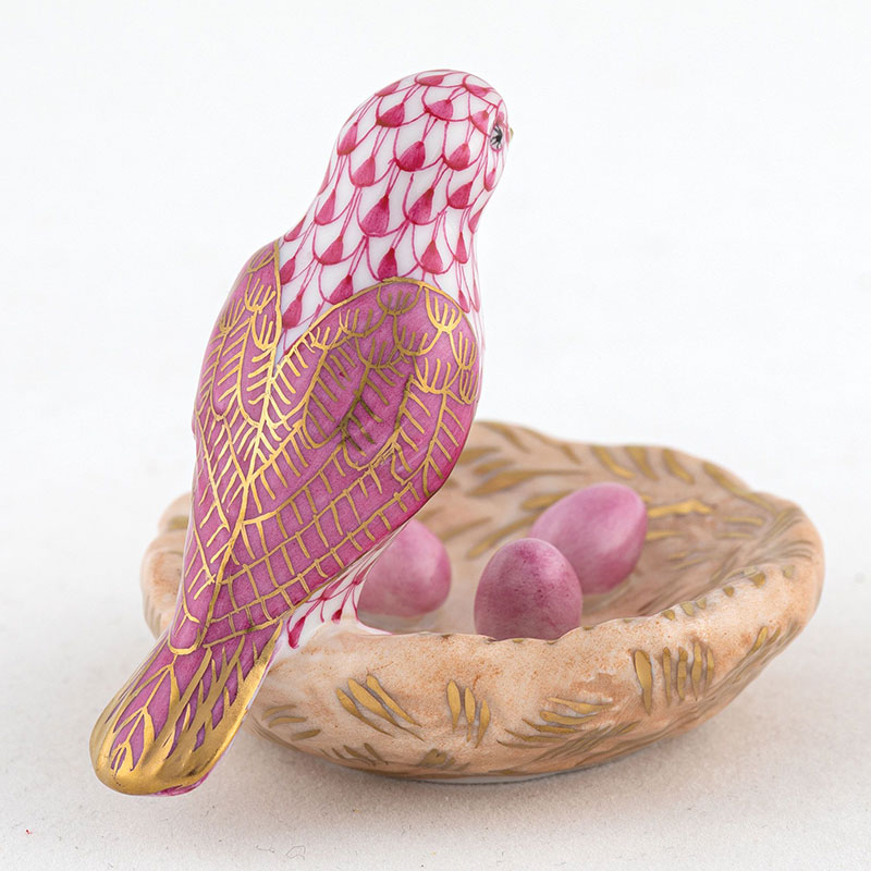 Herend Bird with Nest Figurine, Raspberry