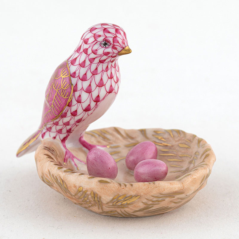 Herend Bird with Nest Figurine, Raspberry