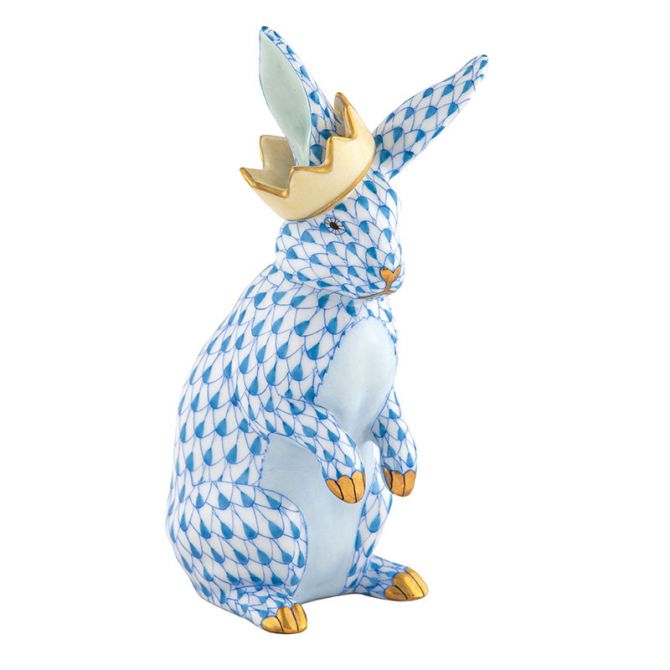 Herend Bunny With Crown Figurine, Light Blue