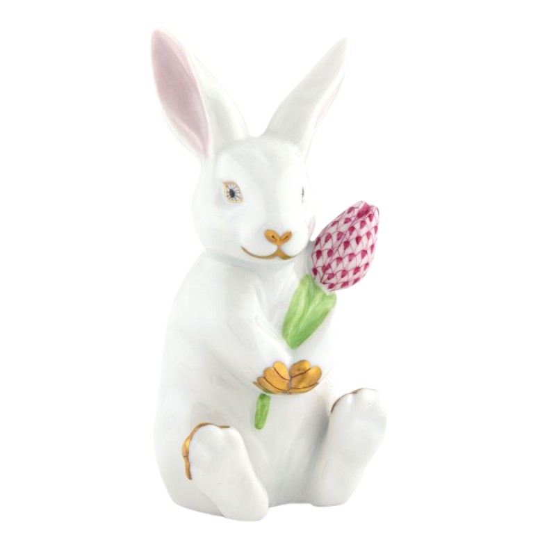 Herend Blossom Bunny, White and Raspberry
