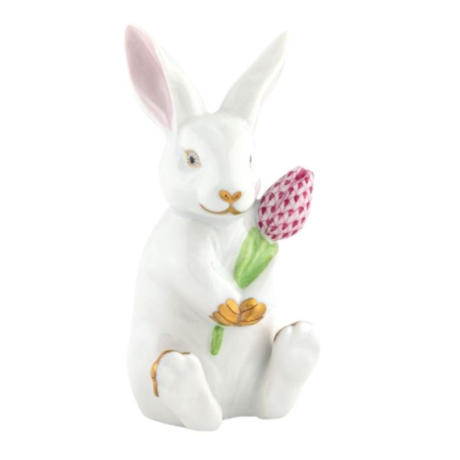 Herend Blossom Bunny, White and Raspberry