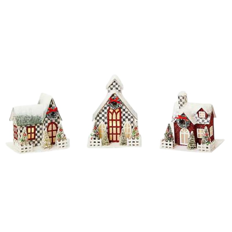 MacKenzie-Childs Cozy Christmas Illuminated Mini Paper Houses, Set of 3