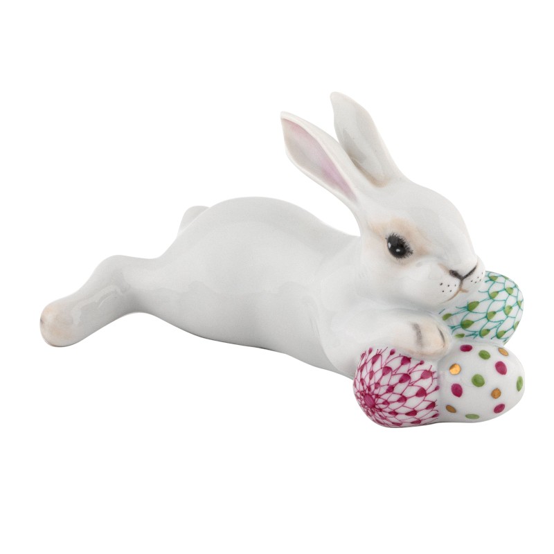 Herend Lying Bunny with Eggs Figurine