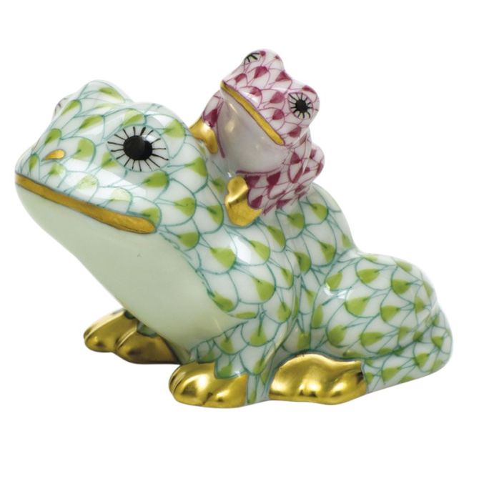 Herend Mother and Baby Frog Figurine, Keylime and Raspberry