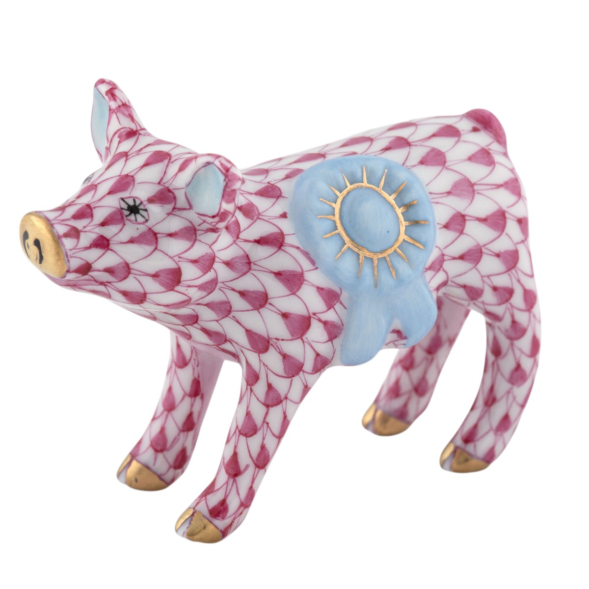 Herend Blue Ribbon Pig Figurine, Raspberry