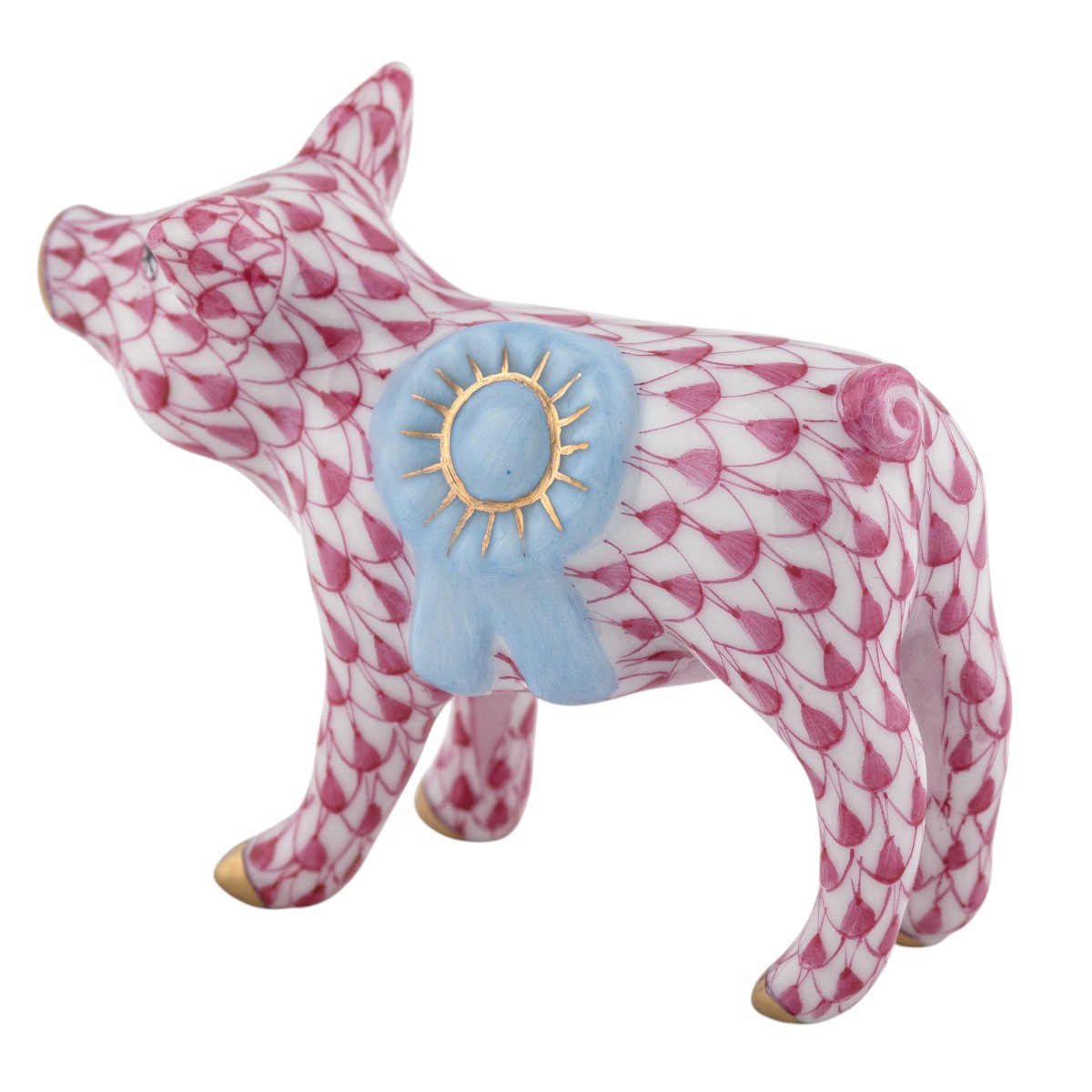 Herend Blue Ribbon Pig Figurine, Raspberry