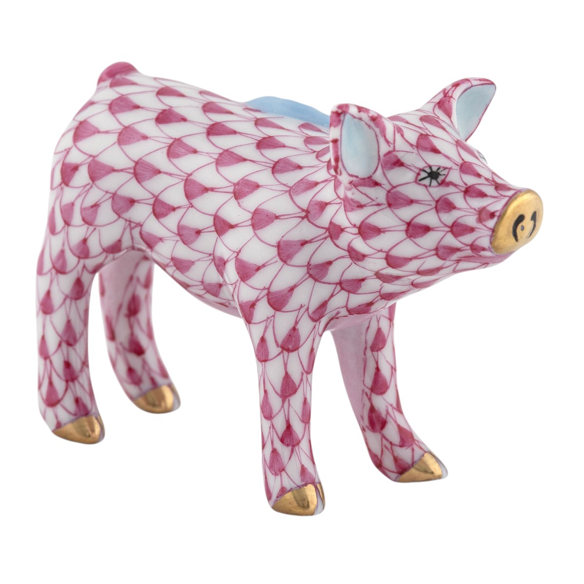 Herend Blue Ribbon Pig Figurine, Raspberry
