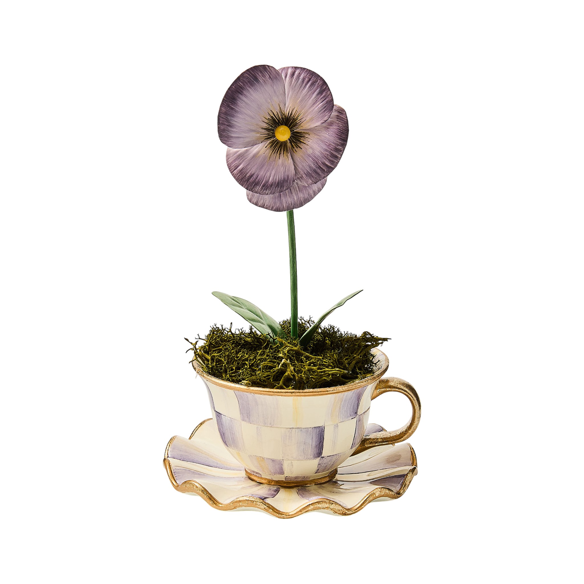 MacKenzie-Childs Violet Check Teacup Pansy Figurine