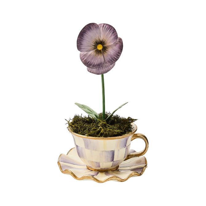 MacKenzie-Childs Violet Check Teacup Pansy Figurine