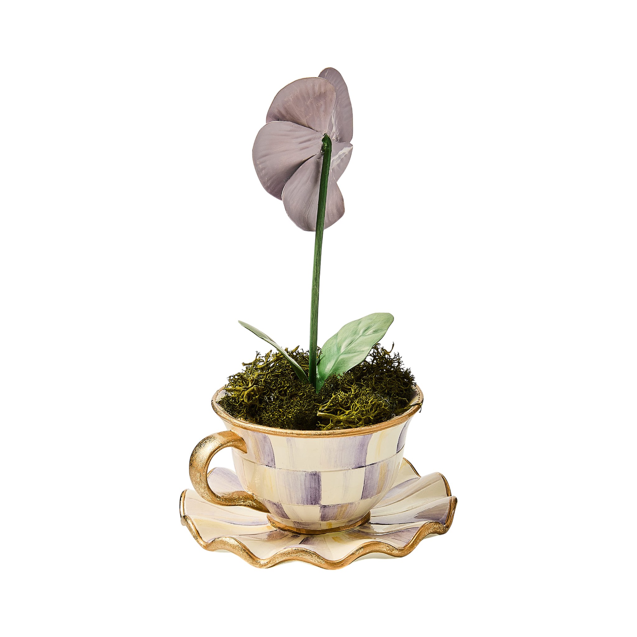 MacKenzie-Childs Violet Check Teacup Pansy Figurine