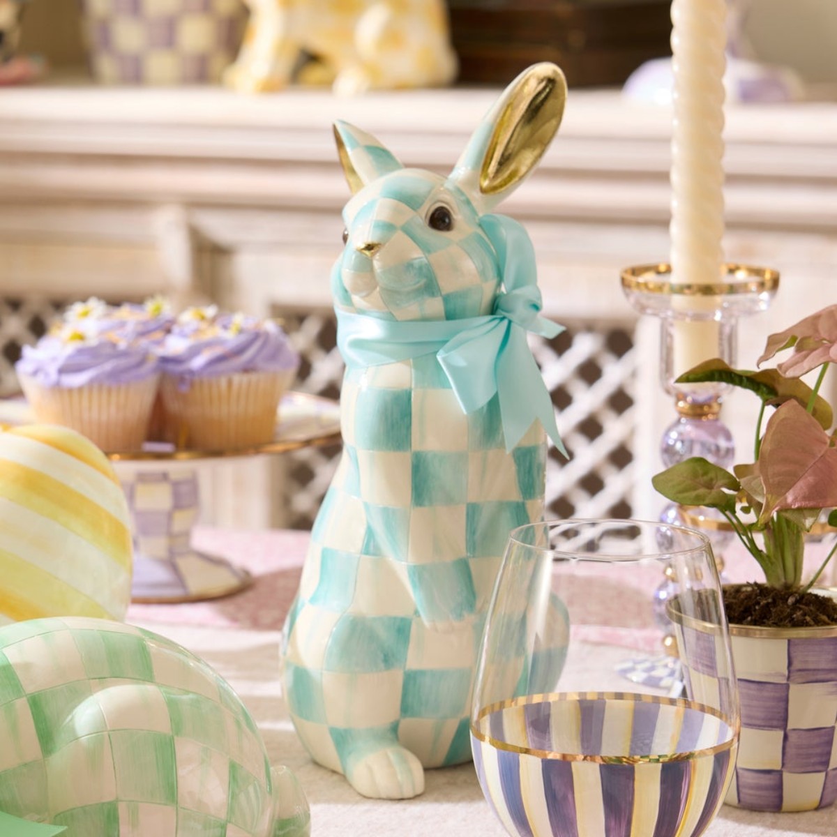 MacKenzie-Childs Peter Bunny Figurine, Aqua Check