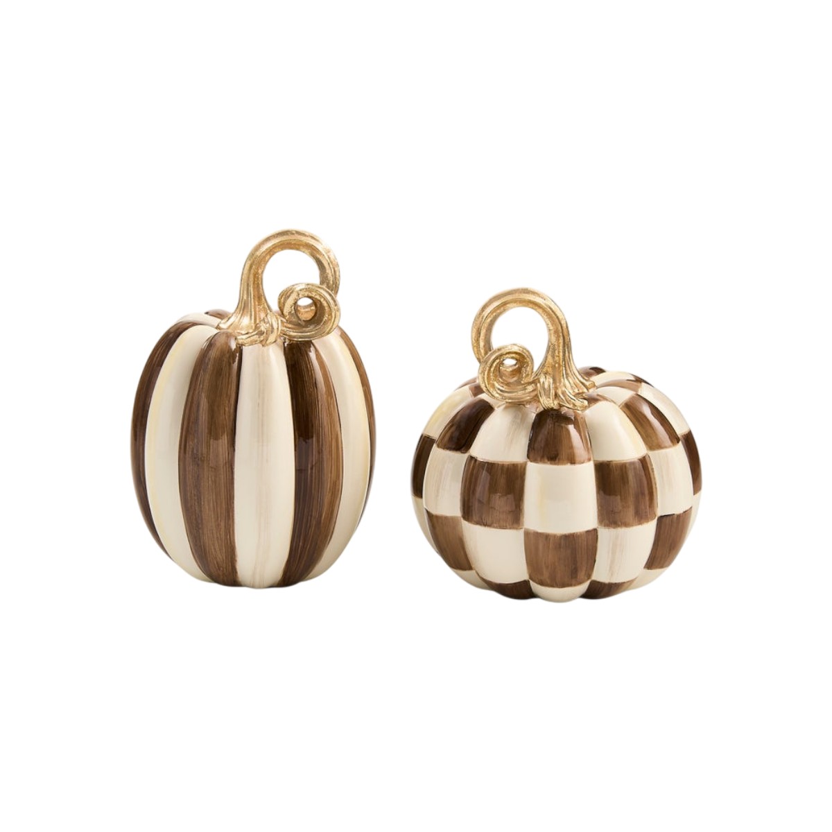 MacKenzie-Childs Chocolate Check and Stripe Petite Pumpkins, Set of 2
