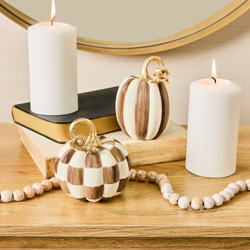MacKenzie-Childs Chocolate Check and Stripe Petite Pumpkins, Set of 2