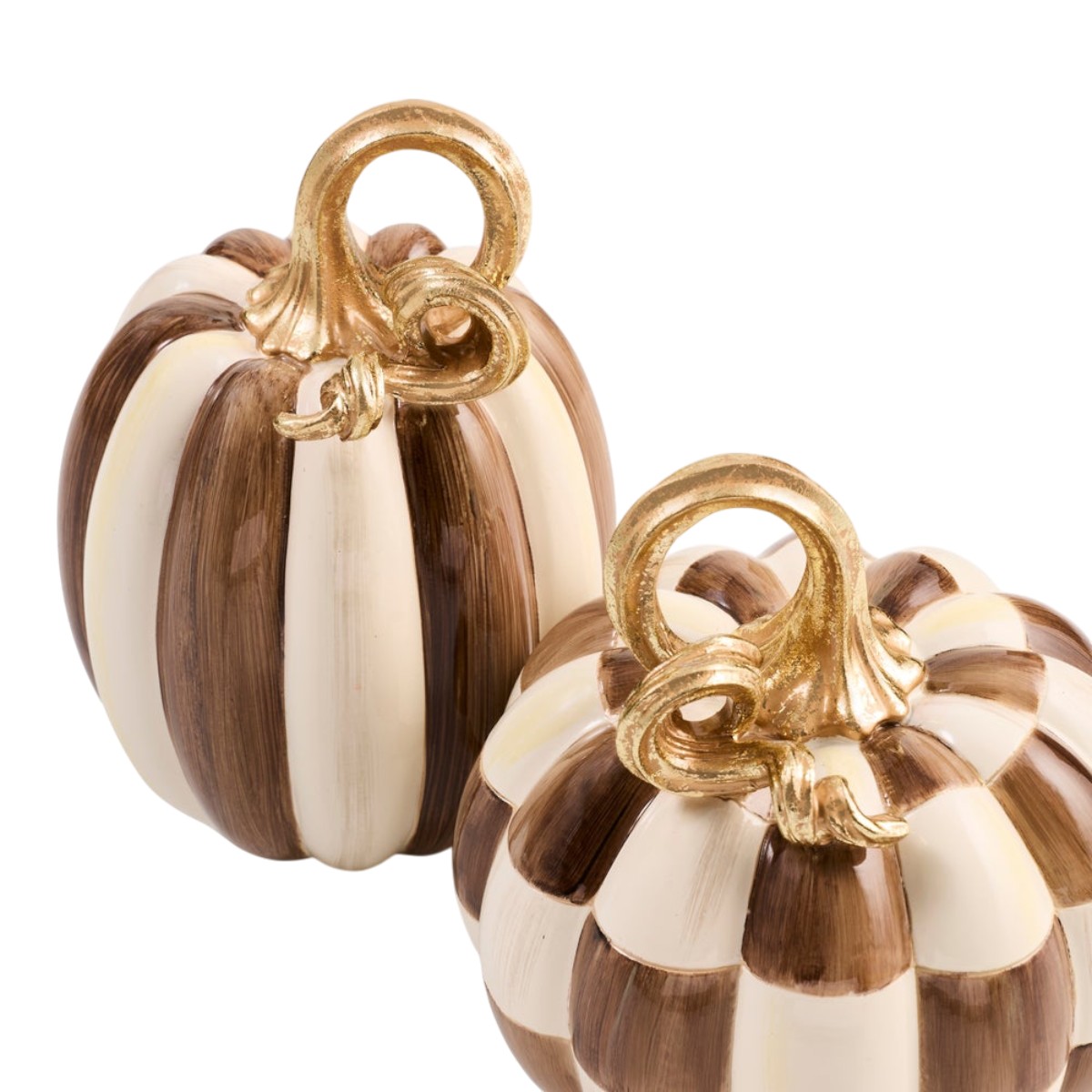 MacKenzie-Childs Chocolate Check and Stripe Petite Pumpkins, Set of 2