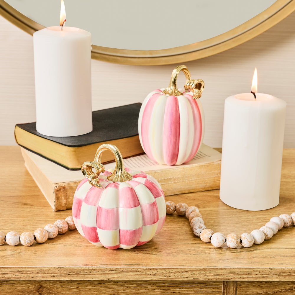MacKenzie-Childs Bubblegum Check and Stripe Petite Pumpkins, Set of 2