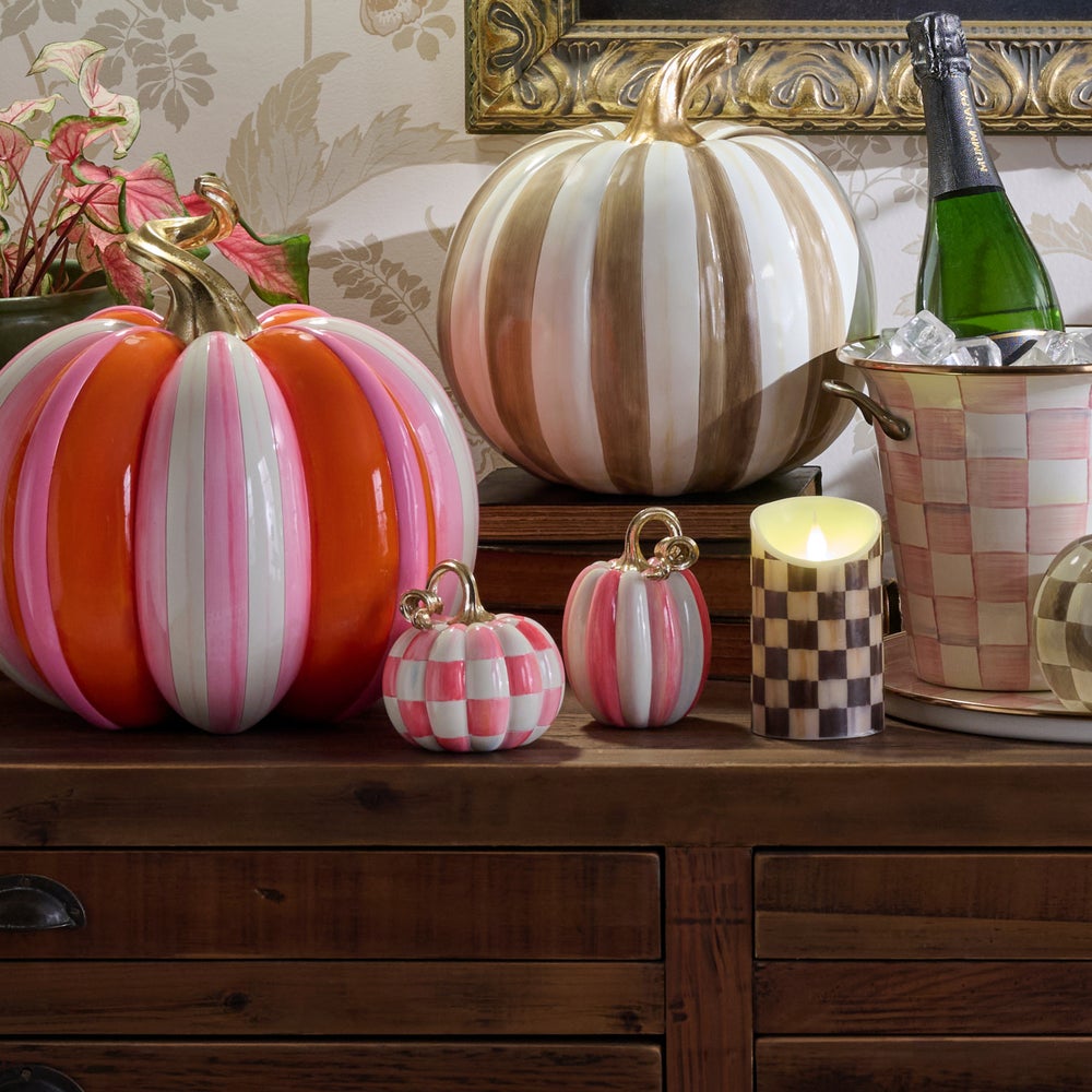 MacKenzie-Childs Bubblegum Check and Stripe Petite Pumpkins, Set of 2