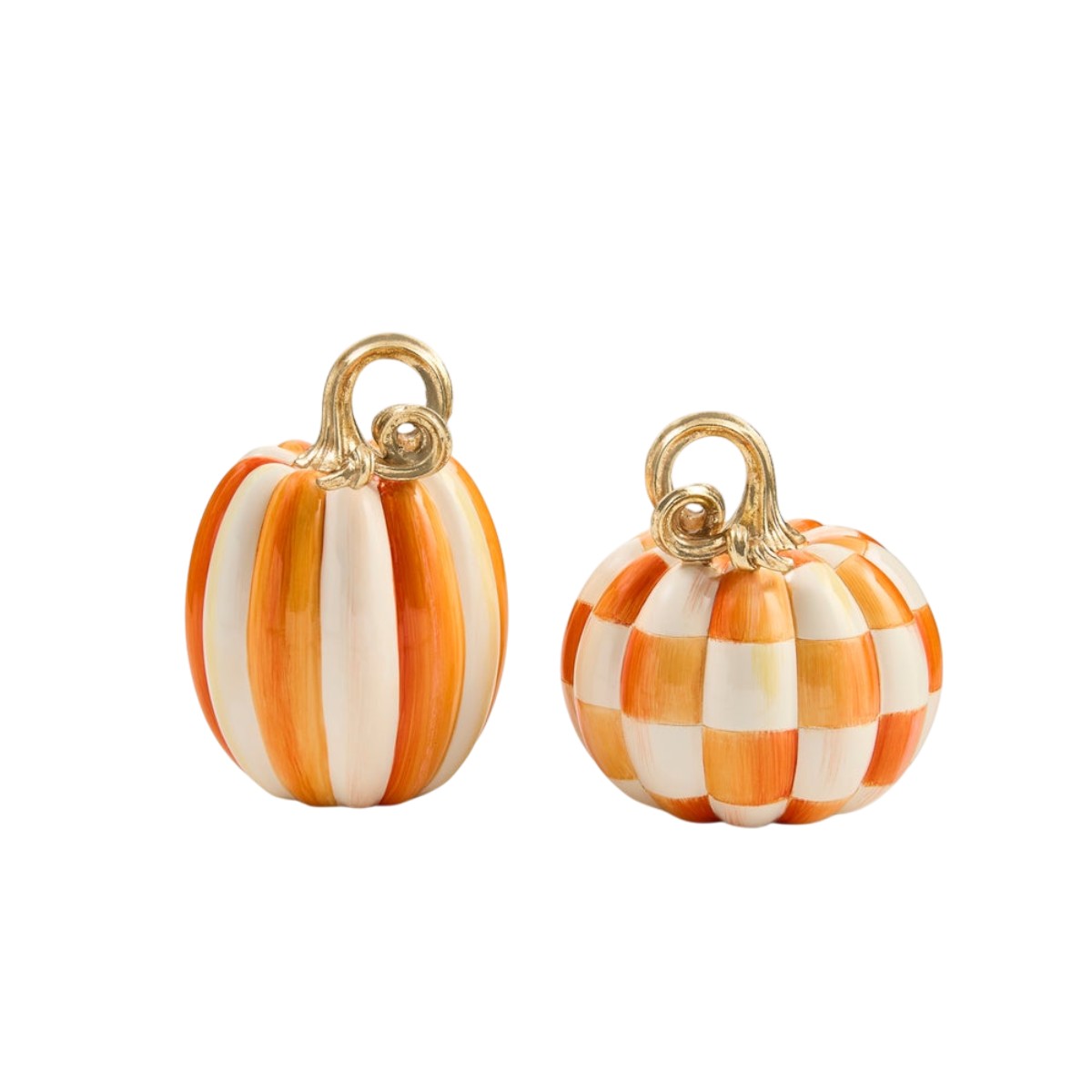 MacKenzie-Childs Orange Check and Stripe Petite Pumpkins, Set of 2
