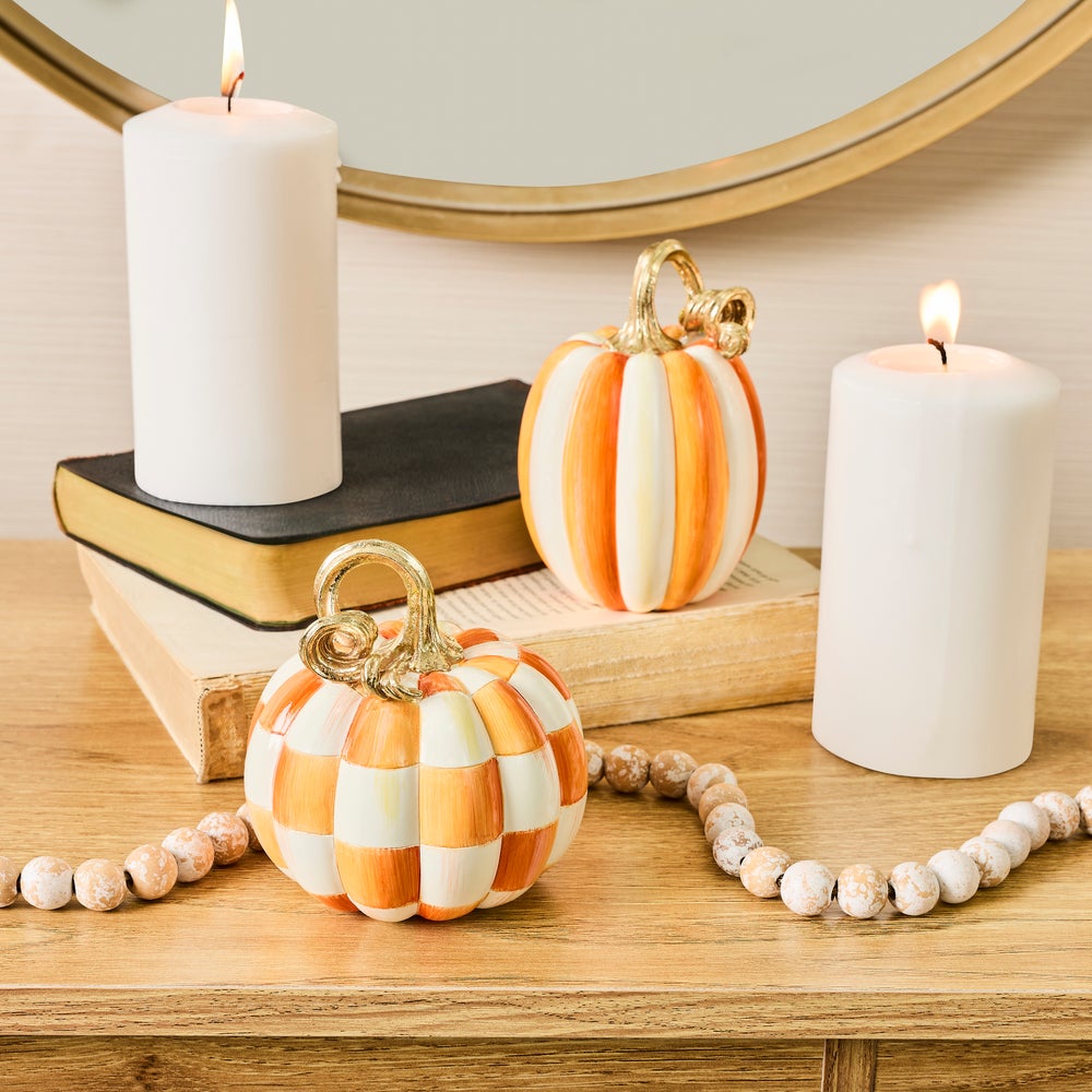 MacKenzie-Childs Orange Check and Stripe Petite Pumpkins, Set of 2