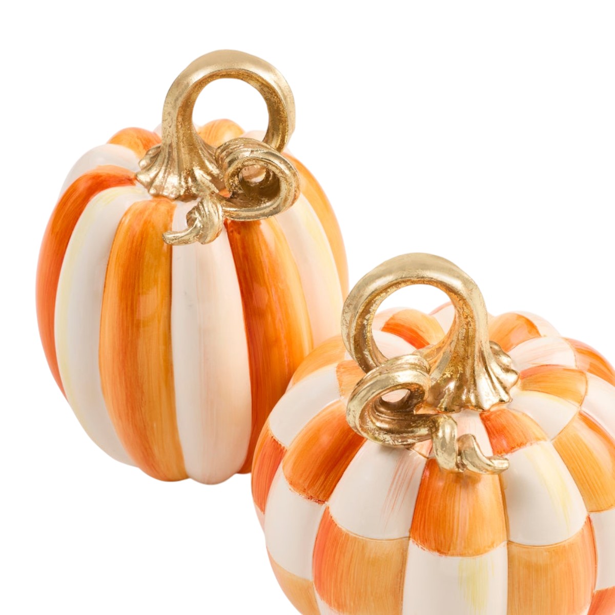 MacKenzie-Childs Orange Check and Stripe Petite Pumpkins, Set of 2
