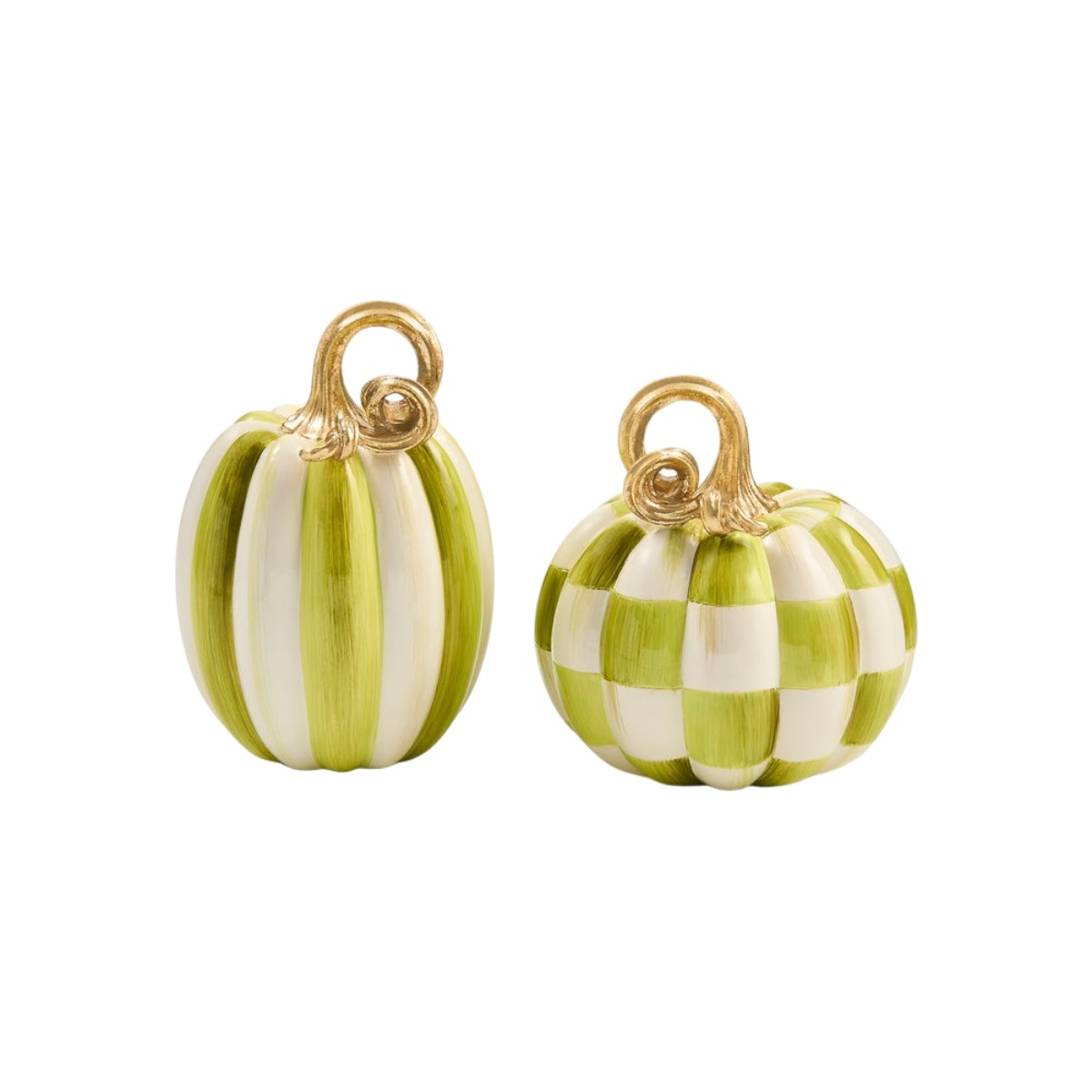 MacKenzie-Childs Moss Check and Stripe Petite Pumpkins, Set of 2