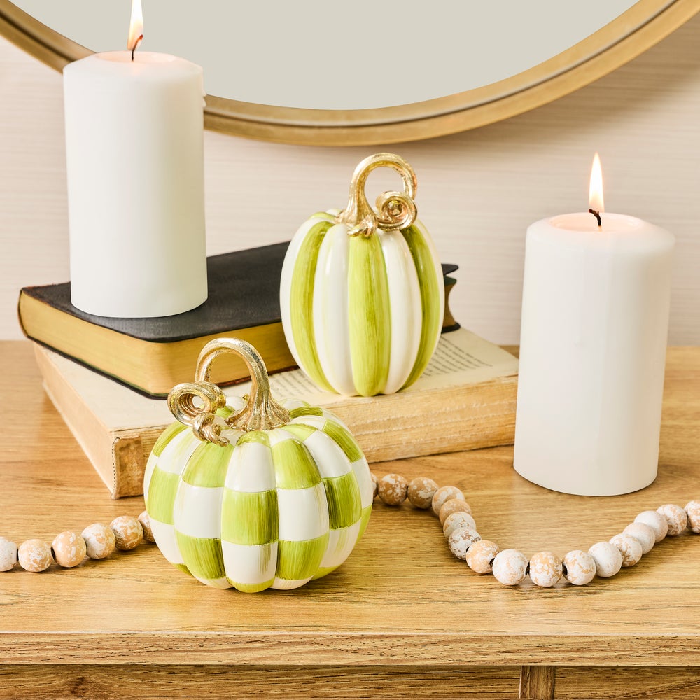 MacKenzie-Childs Moss Check and Stripe Petite Pumpkins, Set of 2