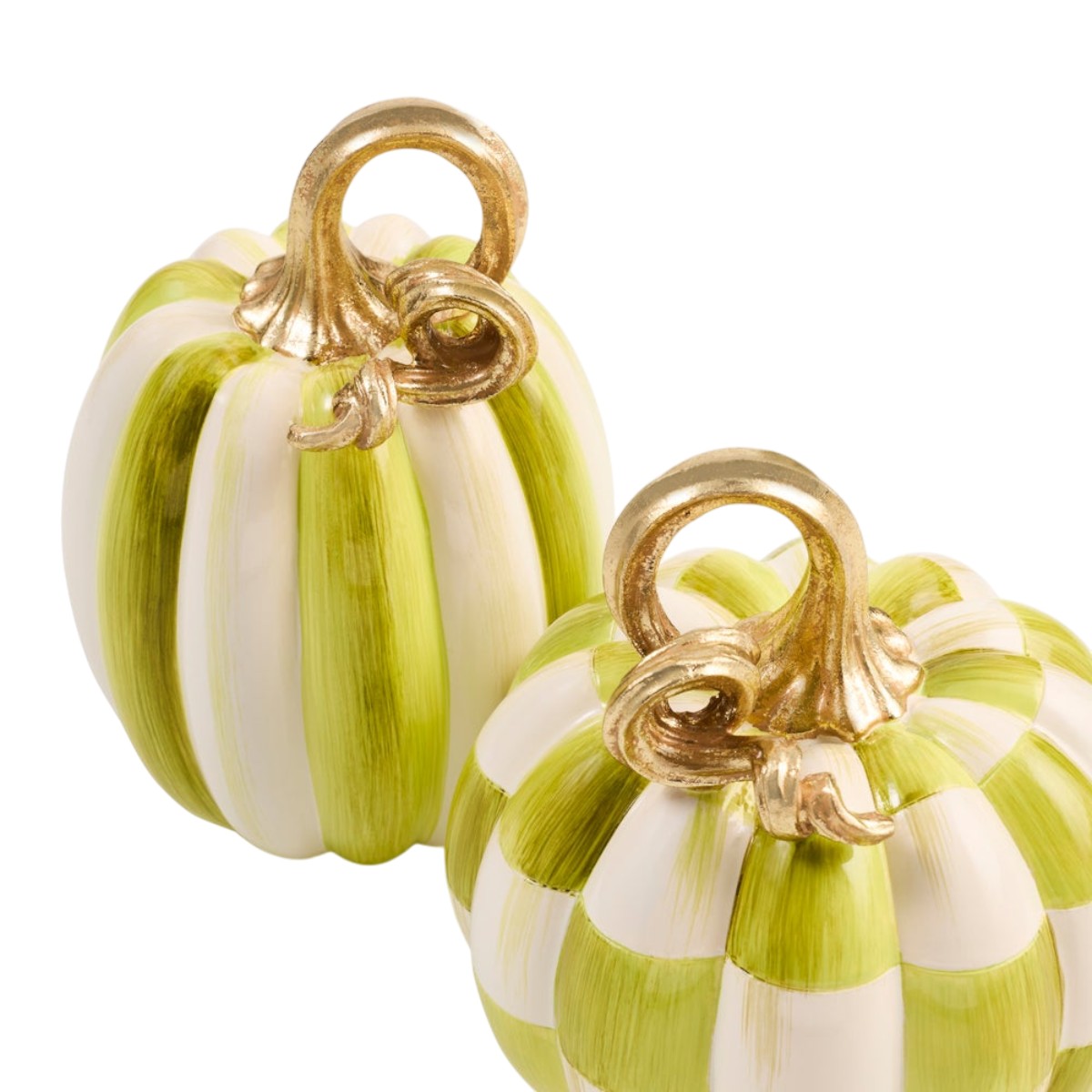 MacKenzie-Childs Moss Check and Stripe Petite Pumpkins, Set of 2