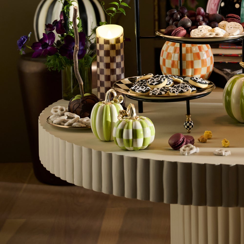 MacKenzie-Childs Moss Check and Stripe Petite Pumpkins, Set of 2