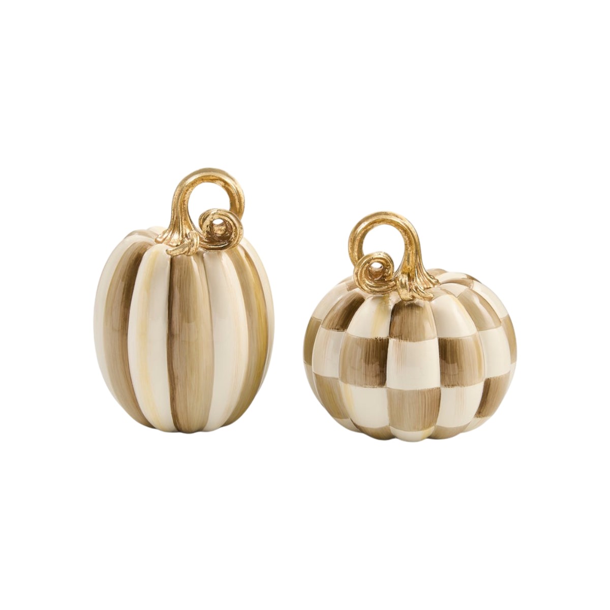 MacKenzie-Childs Mocha Check and Stripe Petite Pumpkins, Set of 2