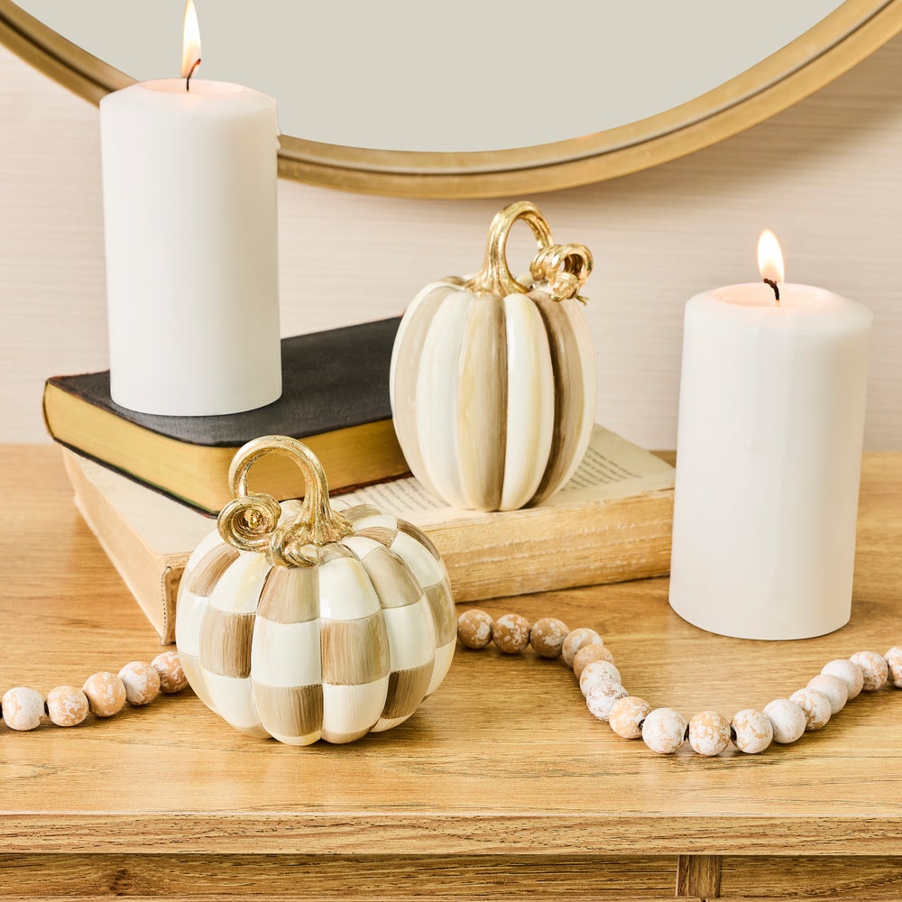 MacKenzie-Childs Mocha Check and Stripe Petite Pumpkins, Set of 2