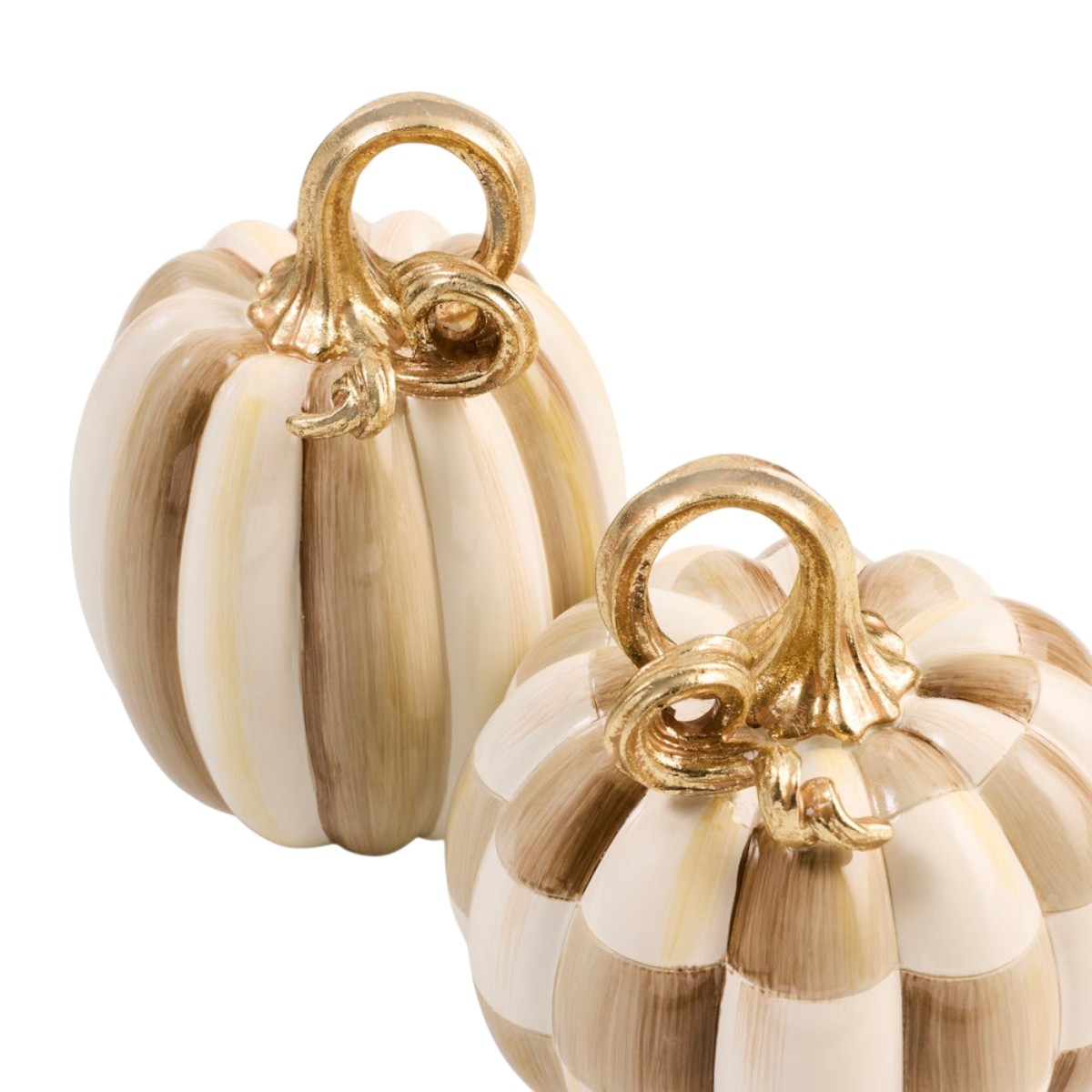 MacKenzie-Childs Mocha Check and Stripe Petite Pumpkins, Set of 2