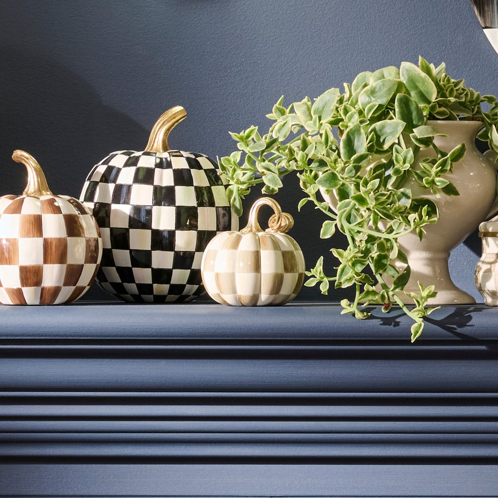 MacKenzie-Childs Mocha Check and Stripe Petite Pumpkins, Set of 2