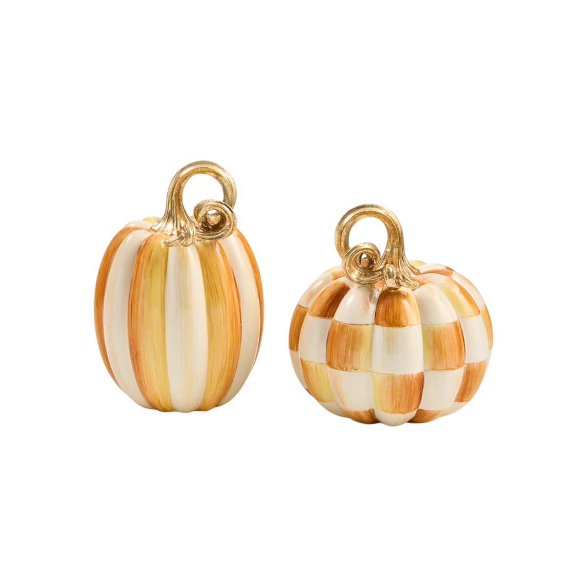 MacKenzie-Childs Amber Check and Stripe Petite Pumpkins, Set of 2