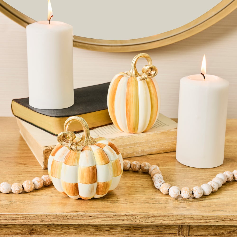 MacKenzie-Childs Amber Check and Stripe Petite Pumpkins, Set of 2
