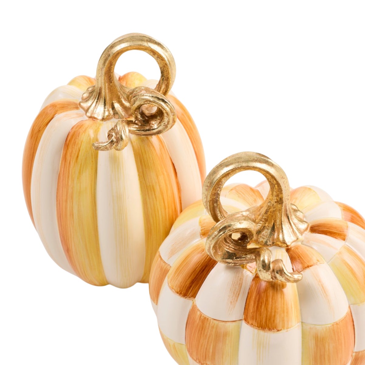 MacKenzie-Childs Amber Check and Stripe Petite Pumpkins, Set of 2