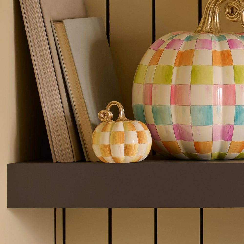 MacKenzie-Childs Amber Check and Stripe Petite Pumpkins, Set of 2