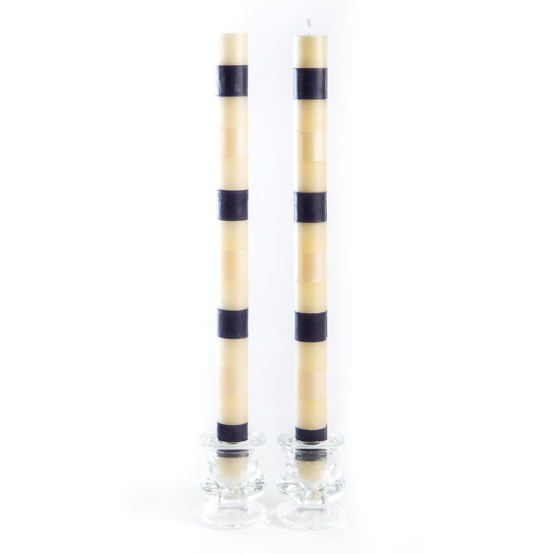 MacKenzie-Childs Navy & Pearl Multi Bands Dinner Candles, Set of 2