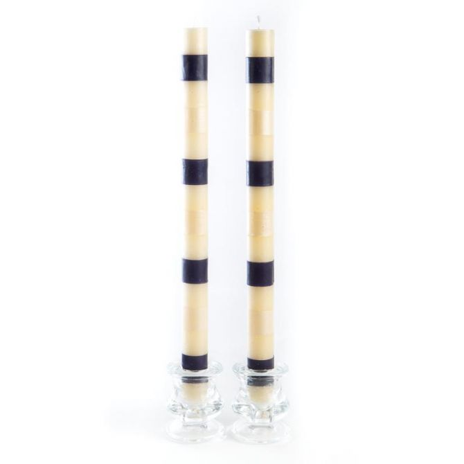 MacKenzie-Childs Navy & Pearl Multi Bands Dinner Candles, Set of 2