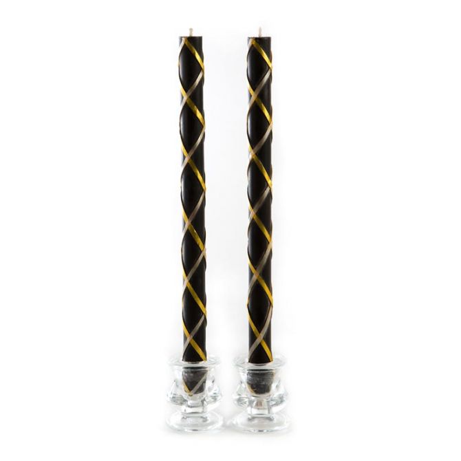 MacKenzie-Childs Black, Gold & Pearl Fishnet Dinner Candles, Set of 2