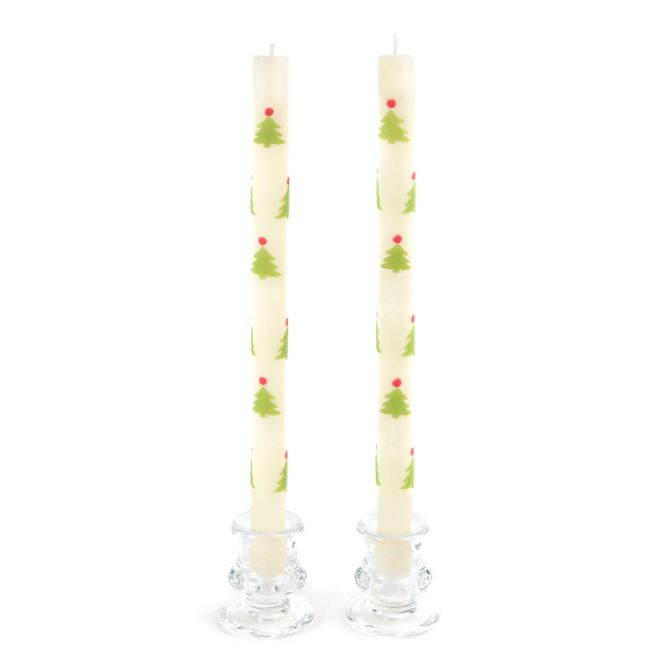 MacKenzie-Childs Red and Green Christmas Tree Dinner Candles, Set of 2