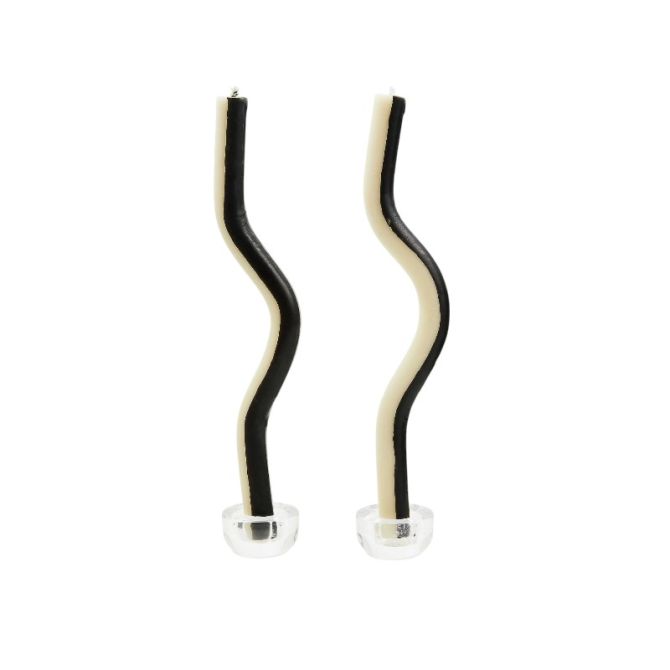 MacKenzie-Childs Wavy Black and Ivory Dinner Candles, Set of 2