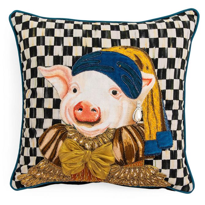 MacKenzie-Childs Pig With Pearl Earring Throw Pillow