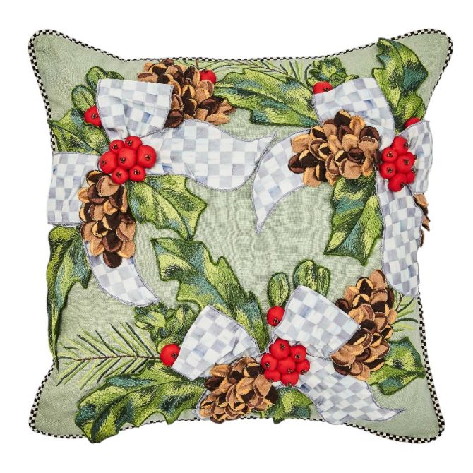 MacKenzie-Childs Farmhouse Holiday Holly Throw Pillow