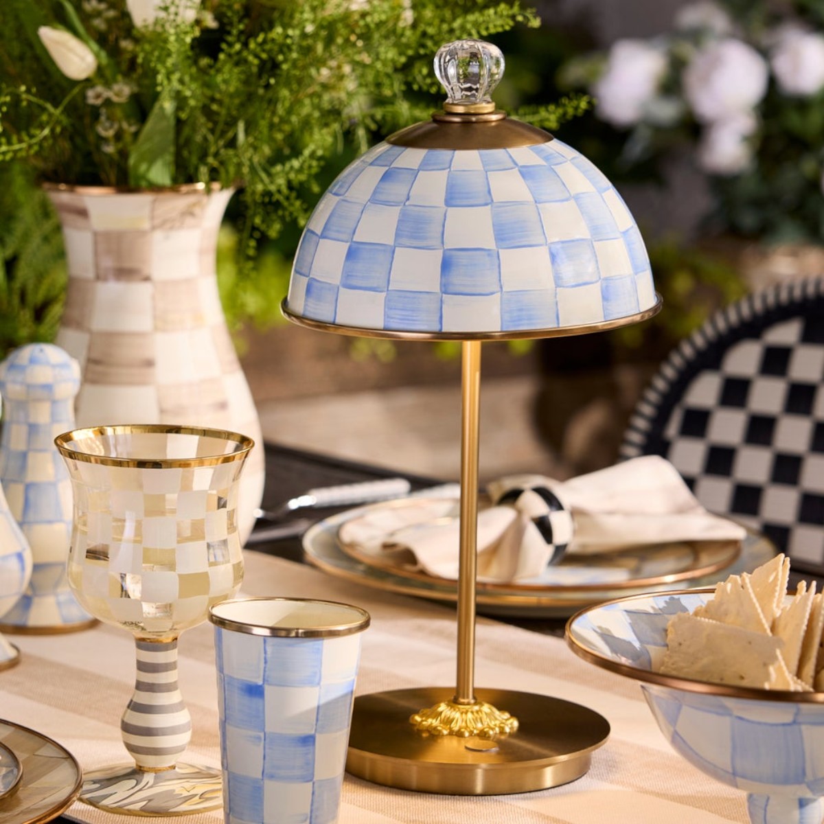 MacKenzie-Childs LED Rechargeable Dome Table Lamp, Sky Check