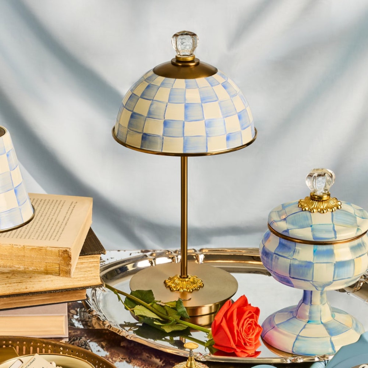 MacKenzie-Childs LED Rechargeable Dome Table Lamp, Sky Check