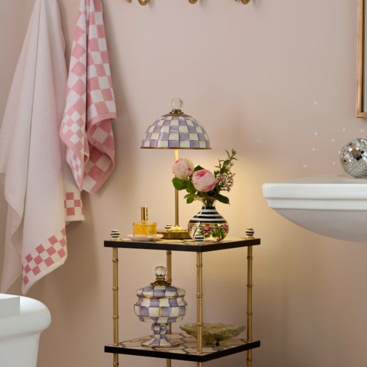 MacKenzie-Childs LED Rechargeable Dome Table Lamp, Violet Check