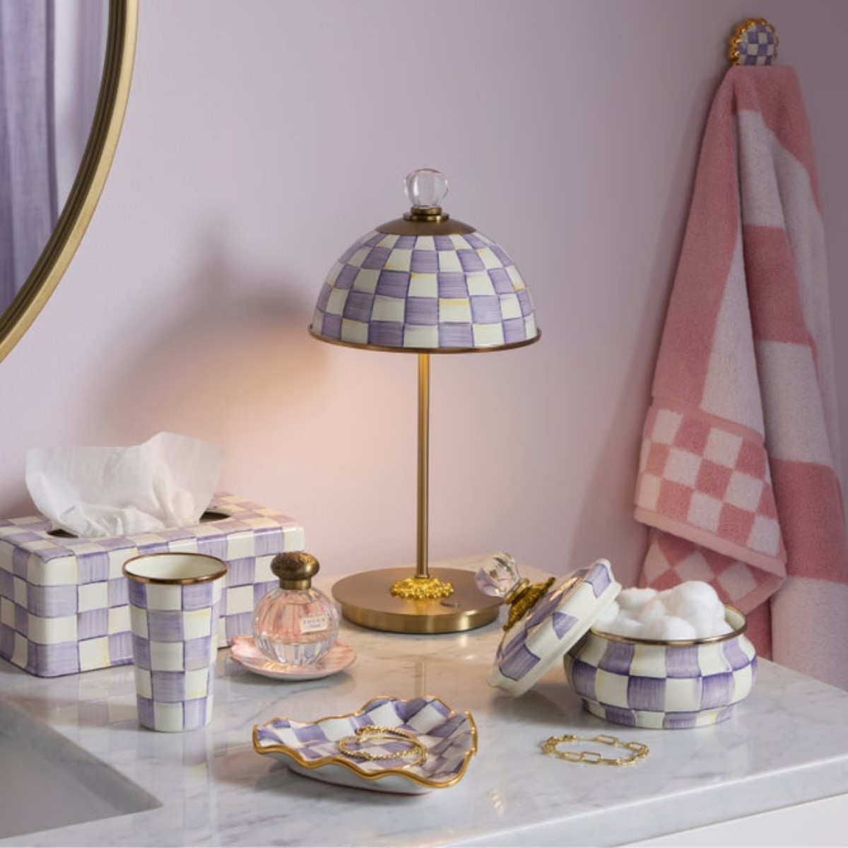 MacKenzie-Childs LED Rechargeable Dome Table Lamp, Violet Check