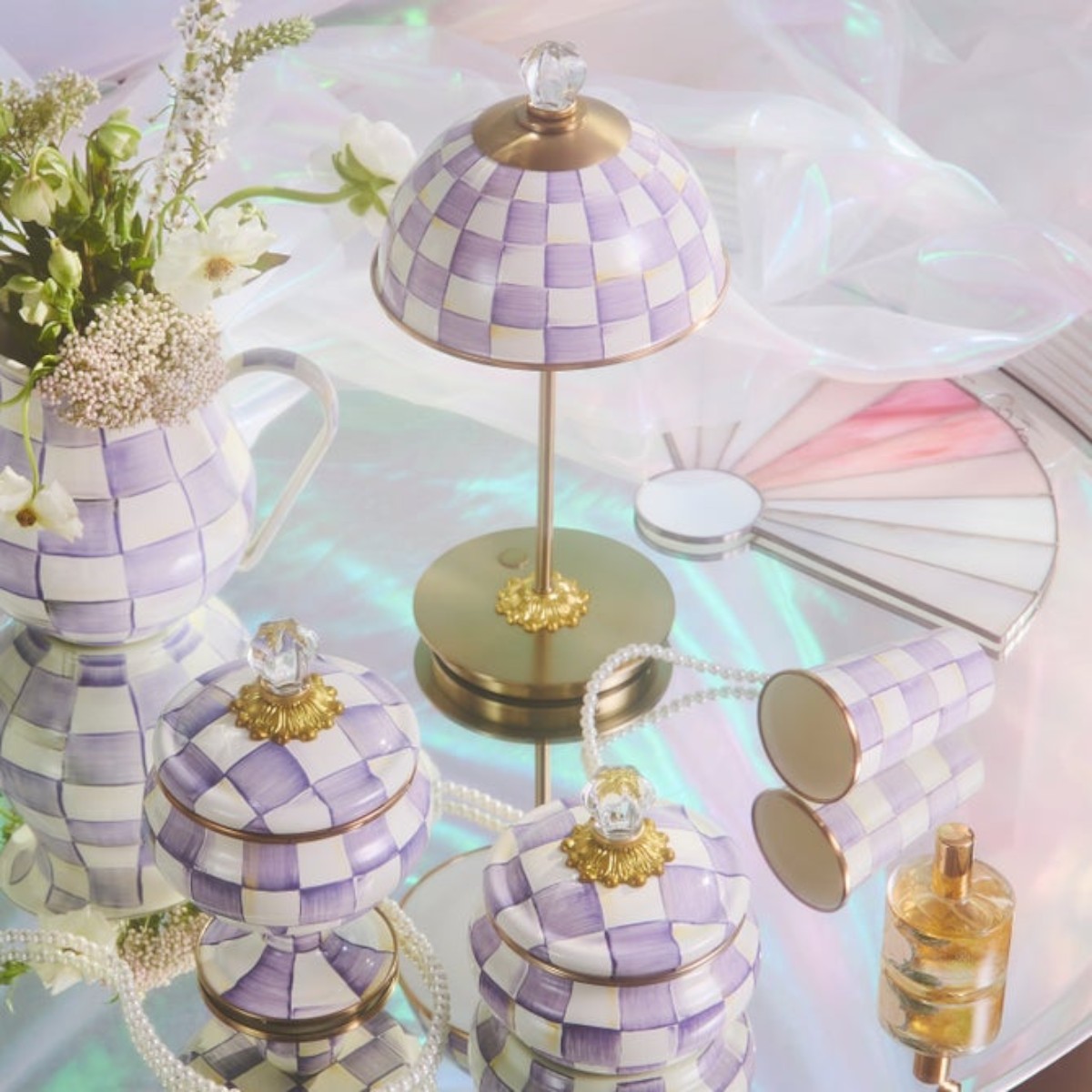 MacKenzie-Childs LED Rechargeable Dome Table Lamp, Violet Check