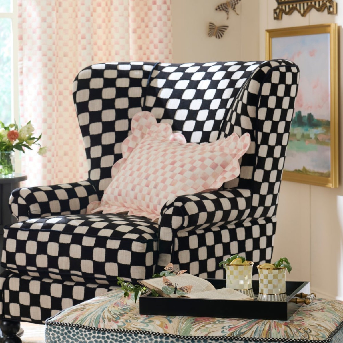 MacKenzie-Childs Reversible Scalloped Lumbar Throw Pillow, Rosy Check